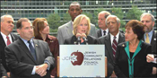 From left: NYS Comptroller, Thomas DiNapoli; Rep. Jerrold Nadler; Rep. Nan Hayworth; Rev. Jacques DeGraff (behind Sen. Gillibrand); Sen. Kirsten Gillibrand; Rep. Bob Turner; Mr. Alan Jaffe, Pres. of the JCRC-New York; Rep. Nita Lowey; and Mr. William Daroff, .Jewish Federation of N. America.