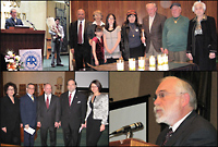Top: (left) Cantor Morris Wolk and Scott Strenger, International VP USY. (right) Kindling of six memorial candles by survivors and their families.  Bottom: (left) Adrienne Cooper, Exec. Officer for External Affairs Workmen's Circle / Arbeter Ring, Cantor Morris Birnbaum Wolk, PJC, David Goldstein, Chair NY Region Workmen's Circle / Arbeter Ring, Rabbi Moses Birnbaum, Consul Ursula Slazak Polish Consulate NY. (right) Filmmaker Menachem Daum, "Hiding and Seeking: Faith and Tolerance After the Holocaust".  Photos by Kym Newborn.
