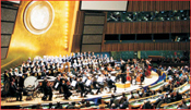 The Nurnberg, Germany Philharmonic Orchestra, the Bayreuth Zamir Choir and the Jerusalem Chamber Choir perform in the UN General Assembly Hall, under the direction of Maestro Isaak Tavior. General Assembly Hall Concert Photo: Courtesy of the UN People's photos: Gloria Starr Kins