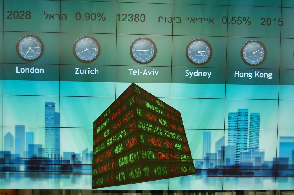 A futuristic display in the lobby of the TASE highlights its focus on tech companies